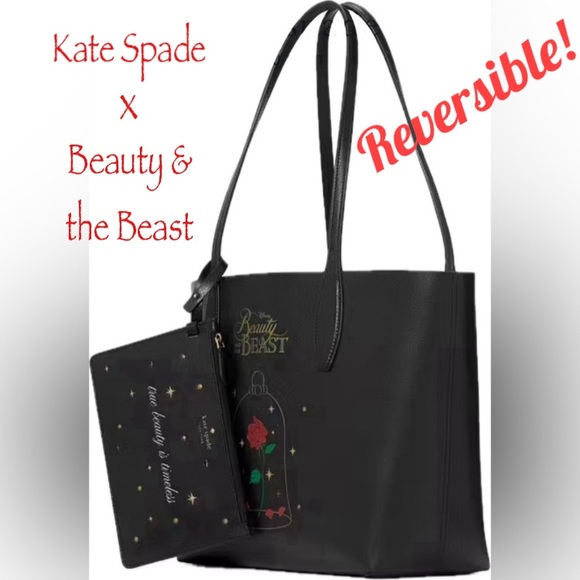 DISNEY X KATE SPADE BEAUTY AND THE BEAST REVERSIBLE LEATHER TOTE BAG w/WRISTLET! - Picture 1 of 7
